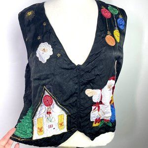 vintage SAVVY by Margot Thompson ugly Christmas vest gold bulbs Santa church M